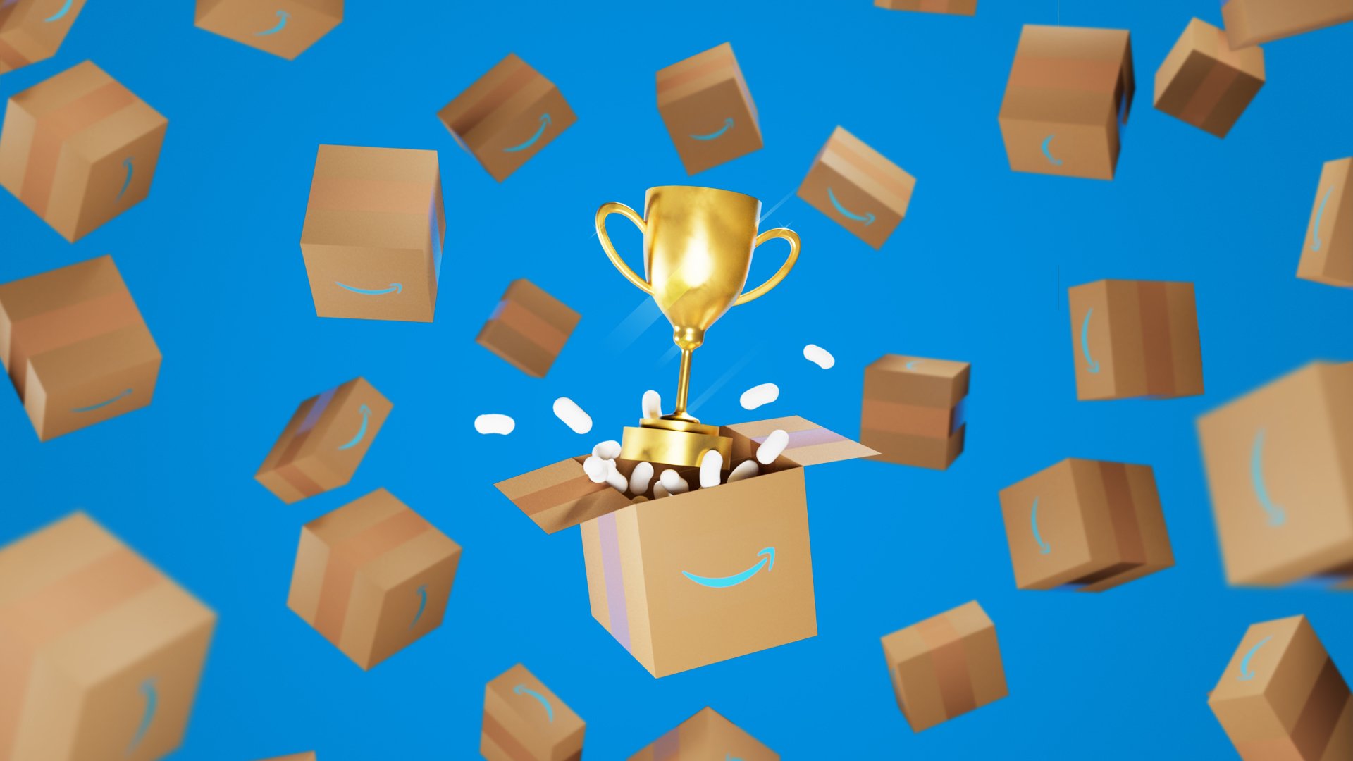 Amazon boxes with a trophy