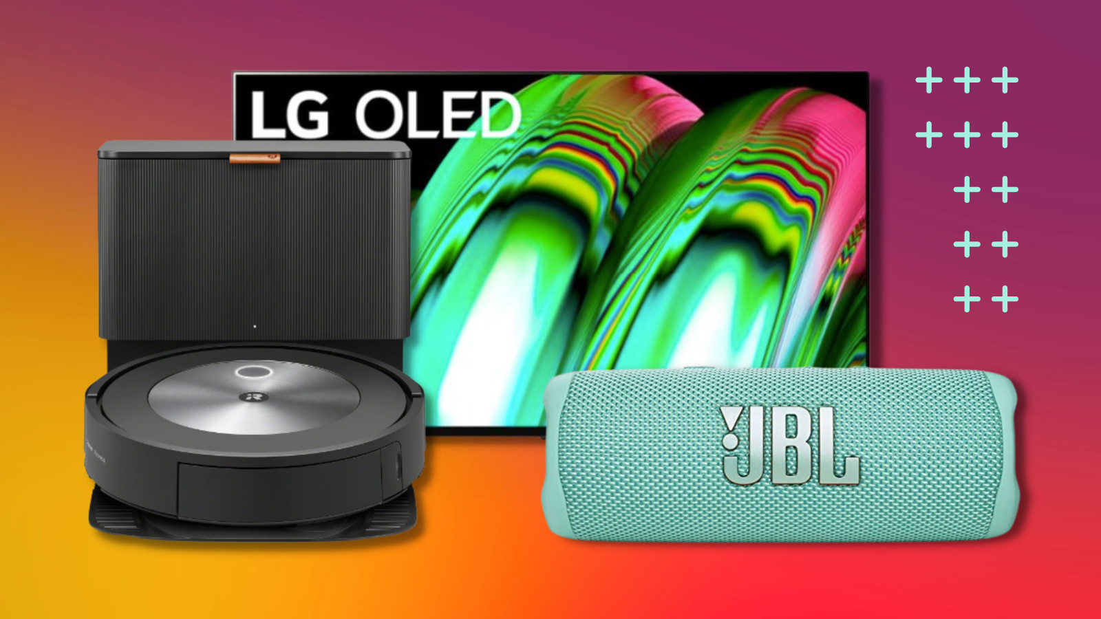 lg oled tv, roomba j7 plus, and jbl flip 6 speaker against colorful background