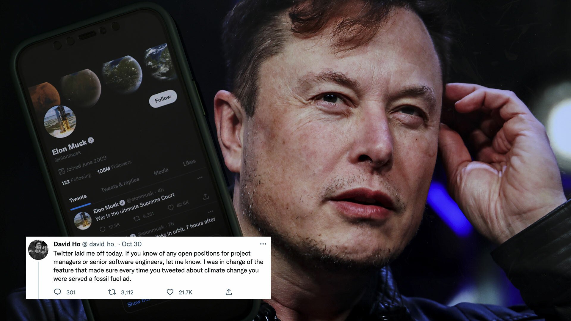 A confused looking man is pictured next to a phone showing the tweets of Elon Musk. Another tweet from climate scientist David Ho, about being laid off from Twitter, is shown in the image.