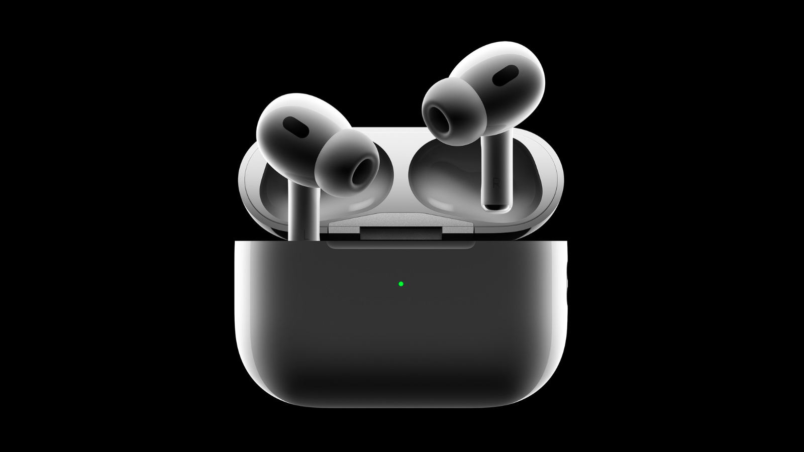 a pair of second-generation airpods pro with their charging case against a black background