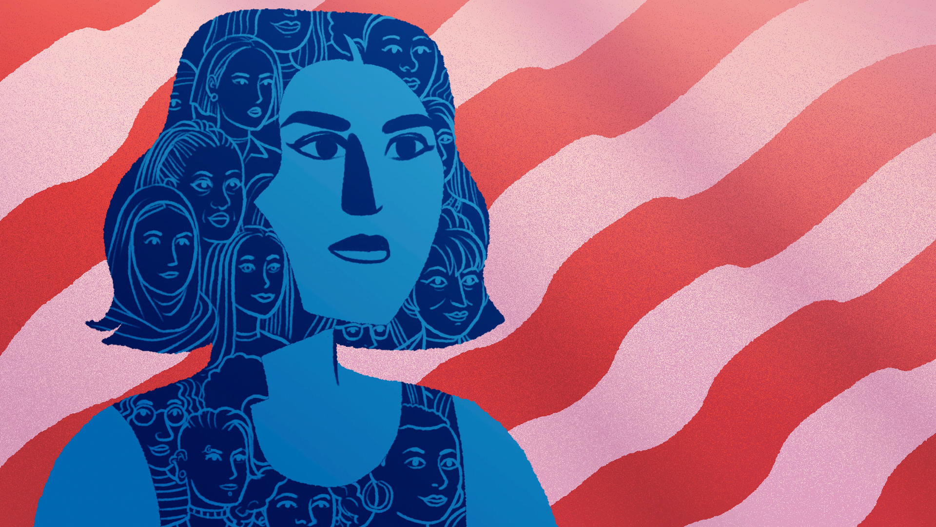 illustration of blue-tinted woman with silhouettes of other women in her hair, in front of backdrop of US flag red and white stripes