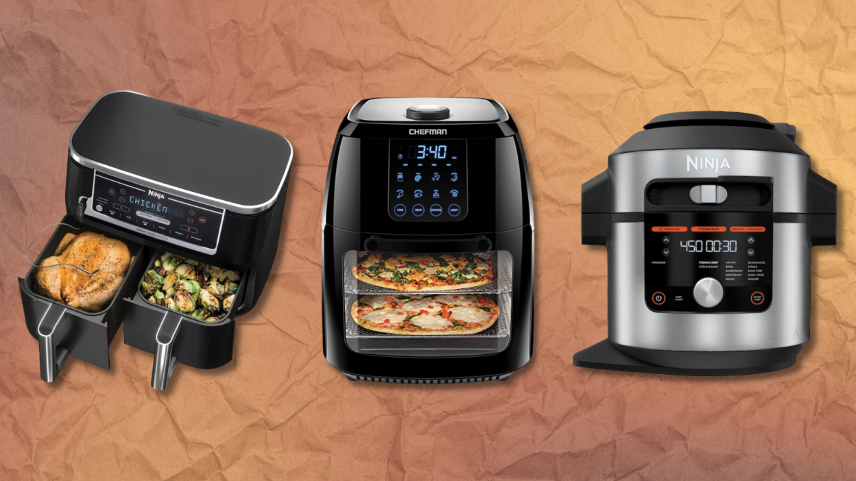 ninja and chefman air fryers with orange background
