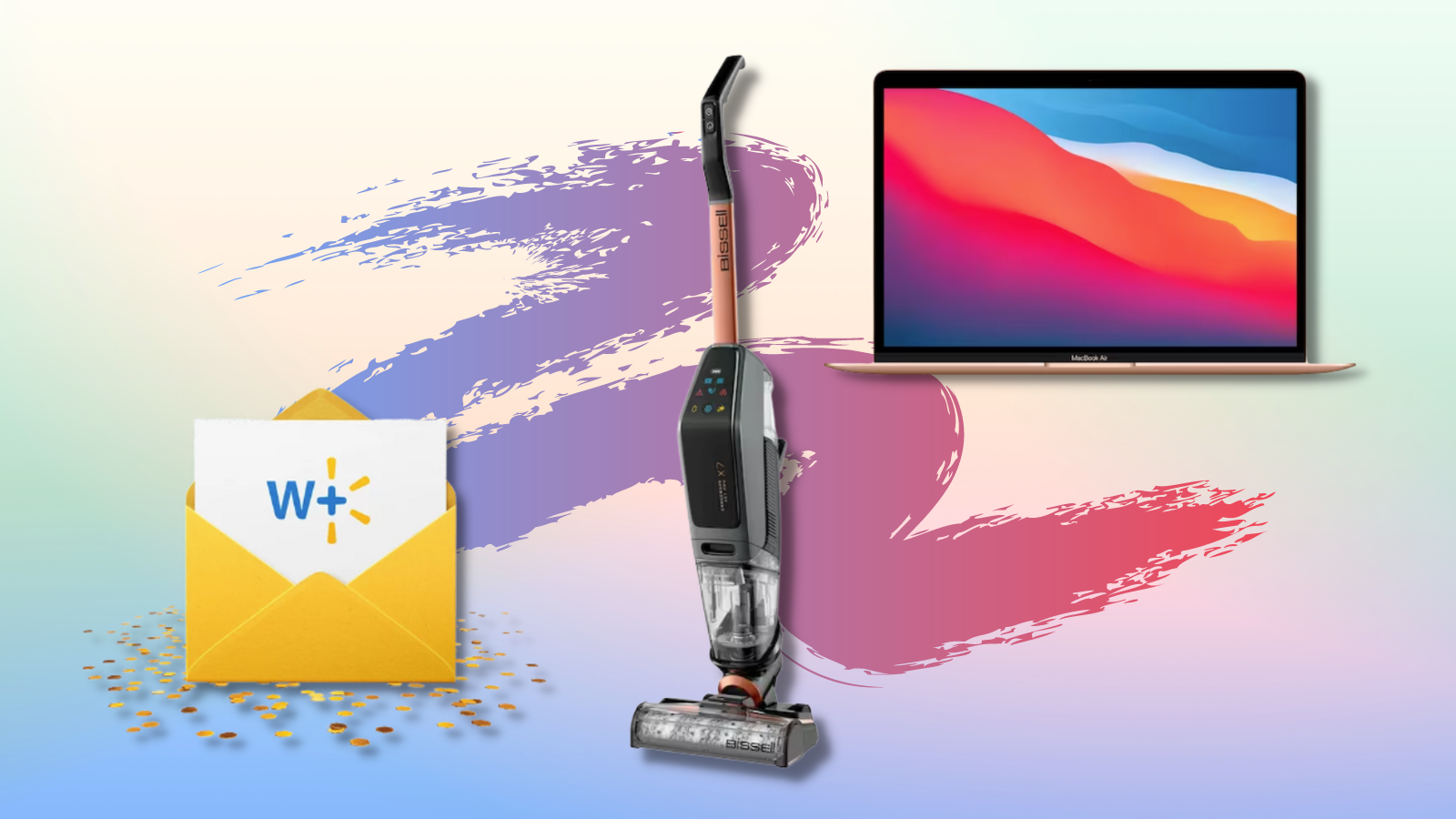 collage of walmart+ subscription, macbook air, and bissell crosswave x7 with colorful background