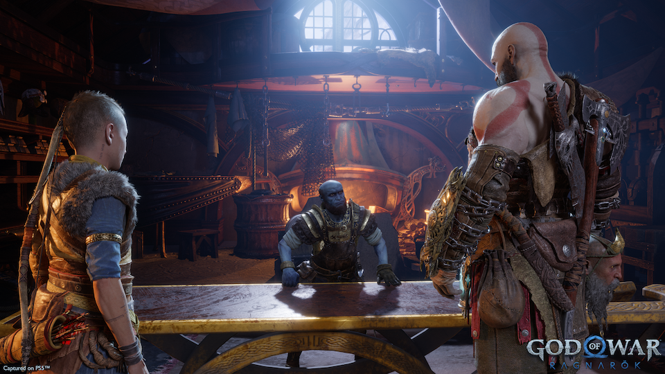 Kratos and Atreus talking to Brok in God of War Ragnarok