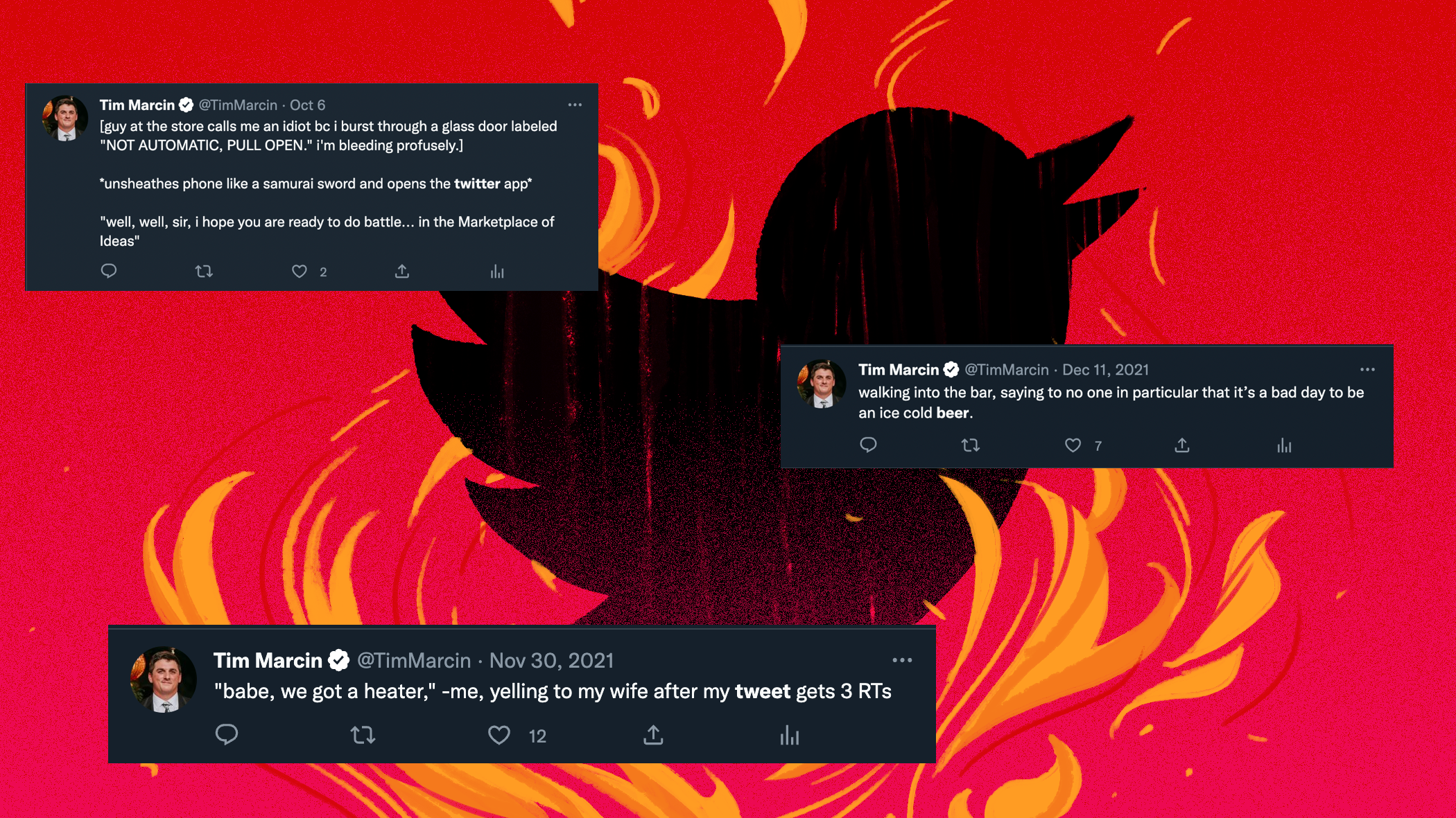 twitter bird in flames with screenshots of tweets