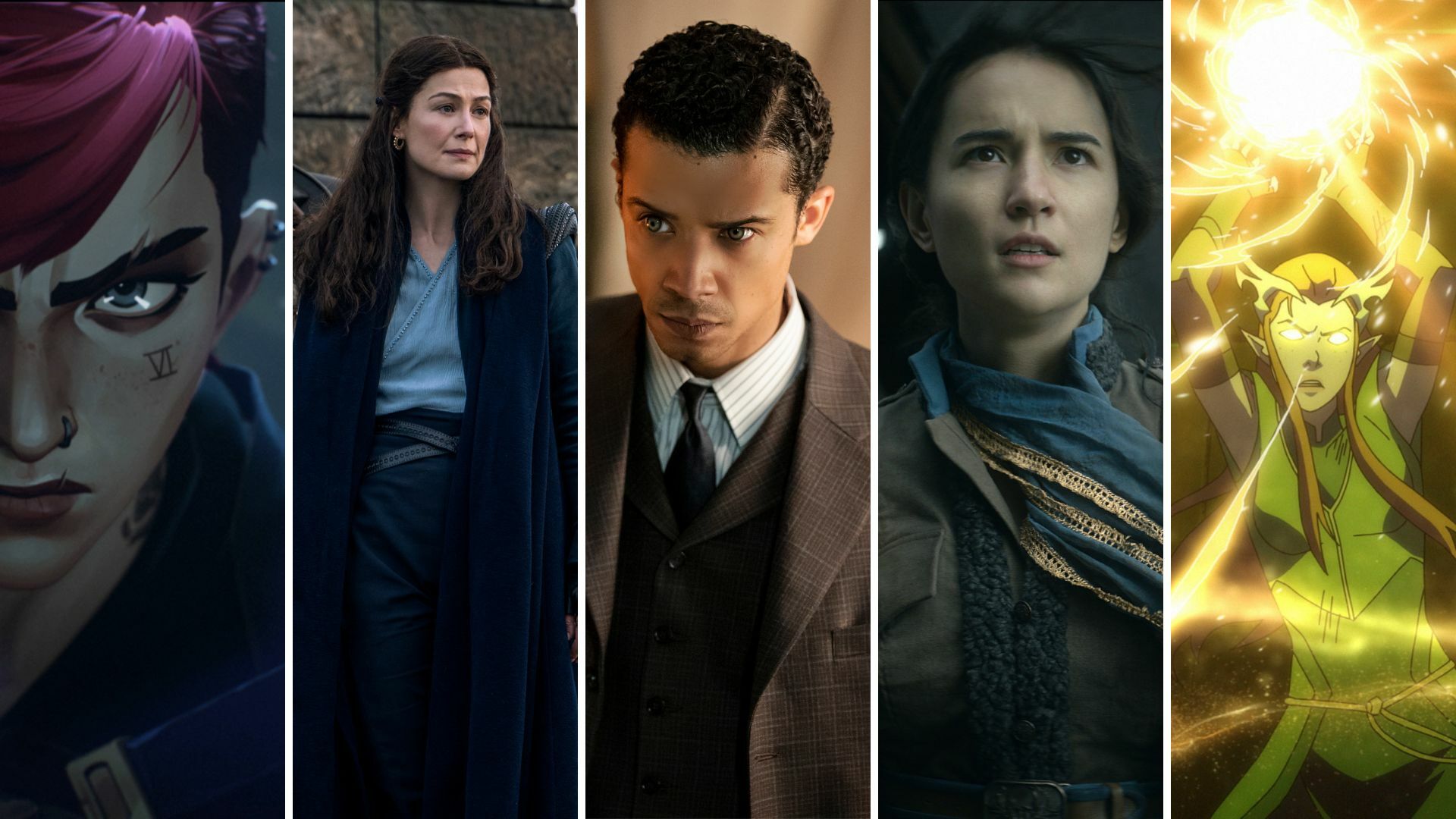 Five panels: A young woman with pink hair and a tattoo of the name Vi on her cheekbone, a woman in drapey blue robes, a man in a suit with abnormally pale green eyes, a young woman with a blue and gold scarf, and a young elven woman holding a ball of light above her head.
