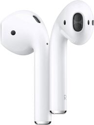 A pair of white wireless earbuds in an upright position
