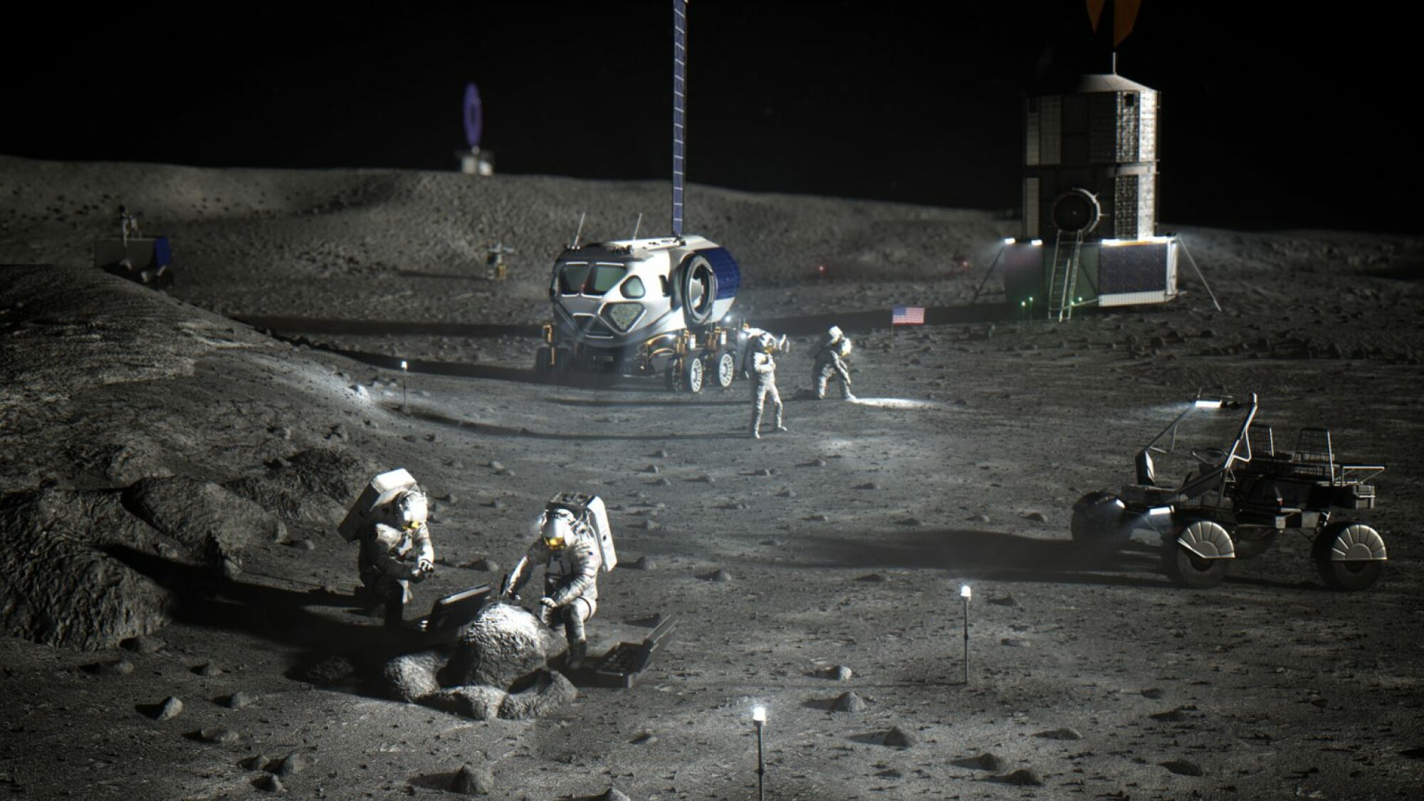 Astronauts working at future Artemis moon base camp