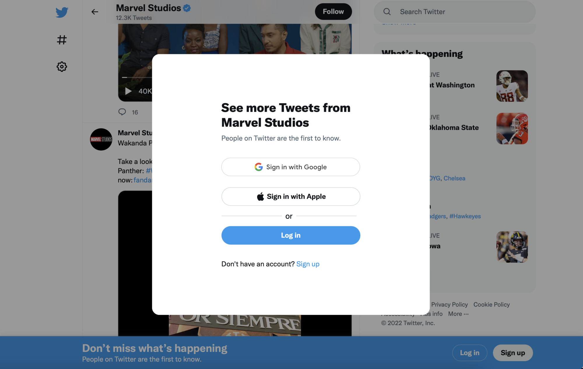 A popup urging the user to log into Twitter or create an account