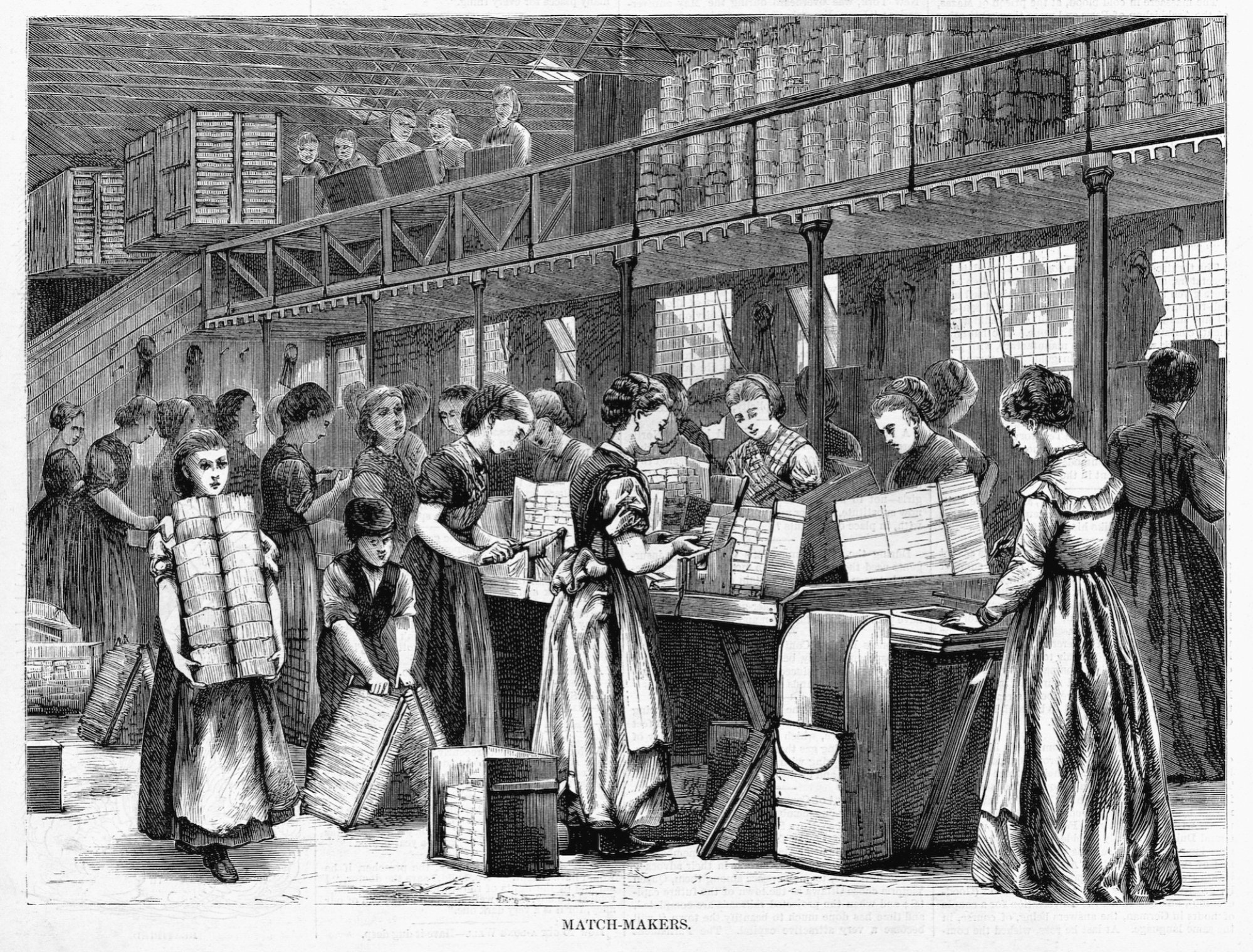 An illustration of women making matches in a factory in London, England. Ca. 1871.