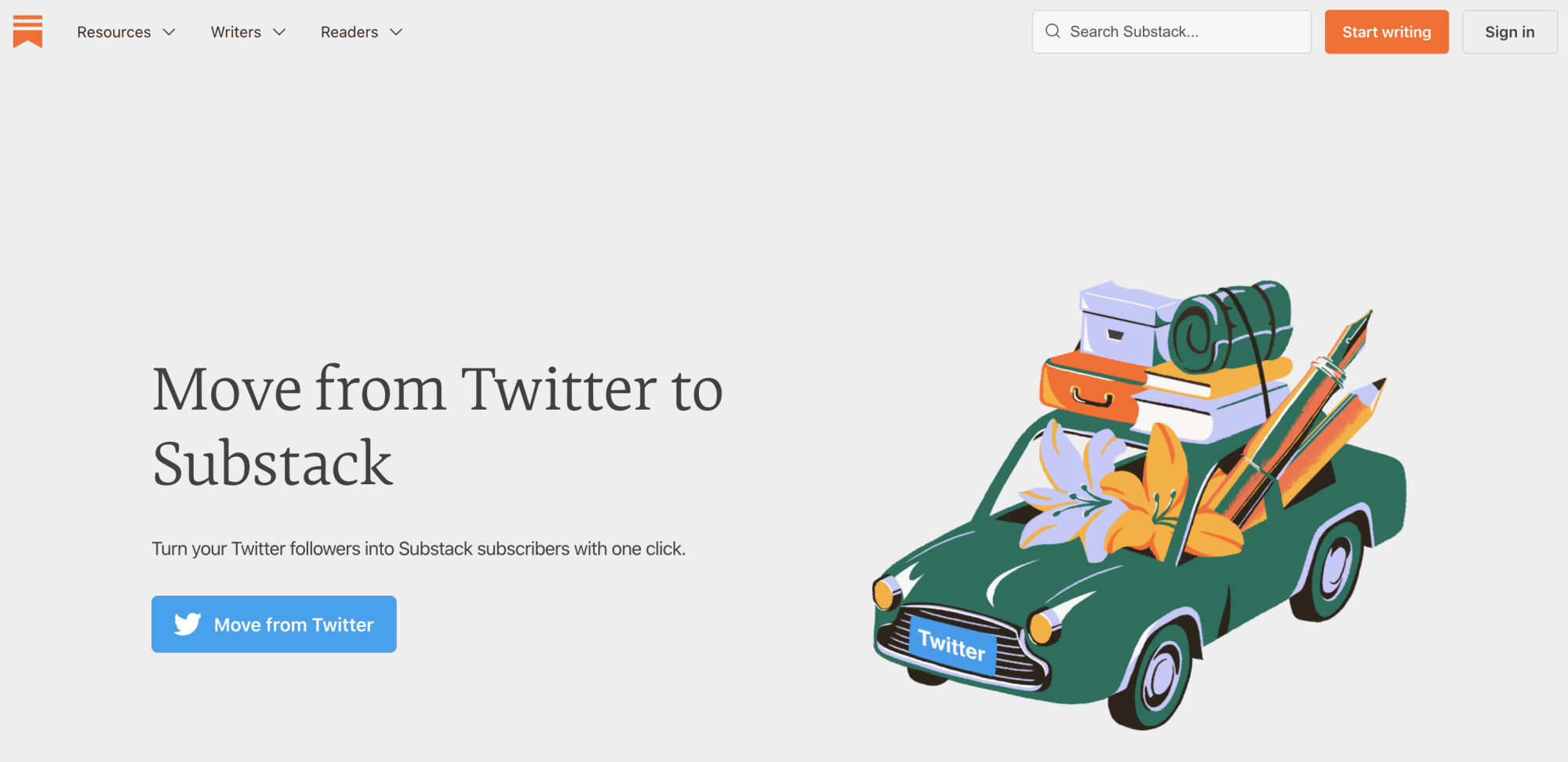 A screenshot of Substack's page with the words "Move from Twitter to Substack".