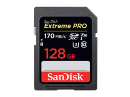 SanDisk Extreme Pro 128GB SD Card on a white background.