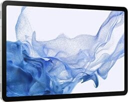 A tablet computer with a bluish-white backgroung display