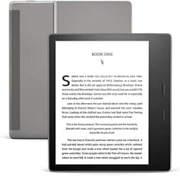A tablet or e-reader used for reading with its front and back displayed
