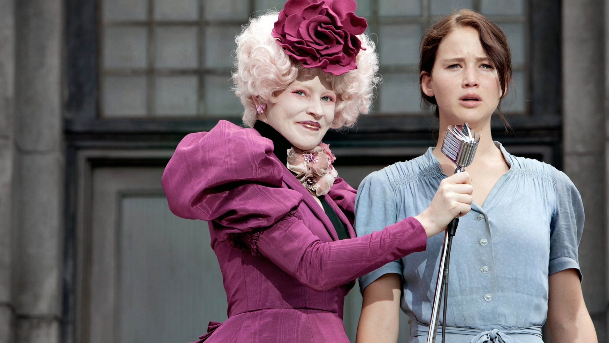 Elizabeth Banks and Jennifer Lawrence share a moment in "The Hunger Games"