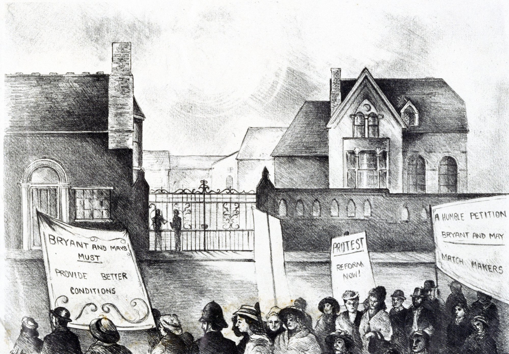 A photomechanical reproduction of the Matchgirls Strike showing protestors outside a factory.