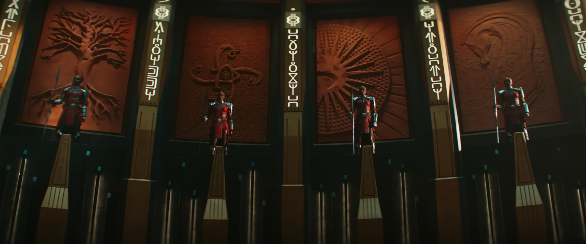 The Dora Milaje, beautifully armored Black women, standing on plinths in an elaborate throne room.