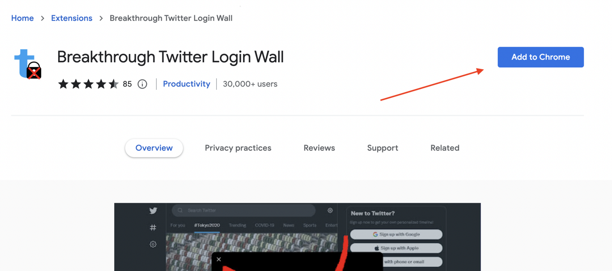 the button that installs Breakthrough Twitter Login Wall in chrome