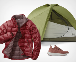 Collage with a tent, a puffer jacket, and a shoe