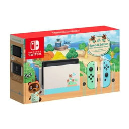 A box containing the Nintendo Joy-Con Switch Console with designs from the popular Animal Crossing game