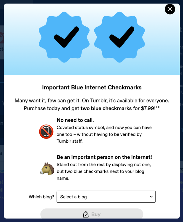 A screenshot of Tumblr Mart, where you can buy blue checkmarks.