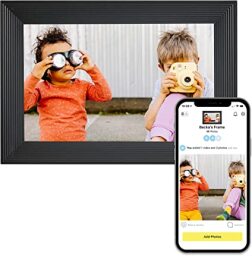 A photo frame and a smartphone display two boys with cameras and binoculars