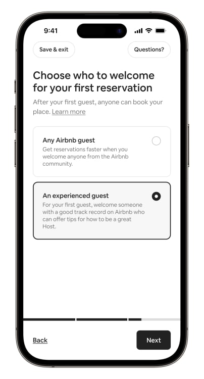 A phone screen showing the experienced guest option.