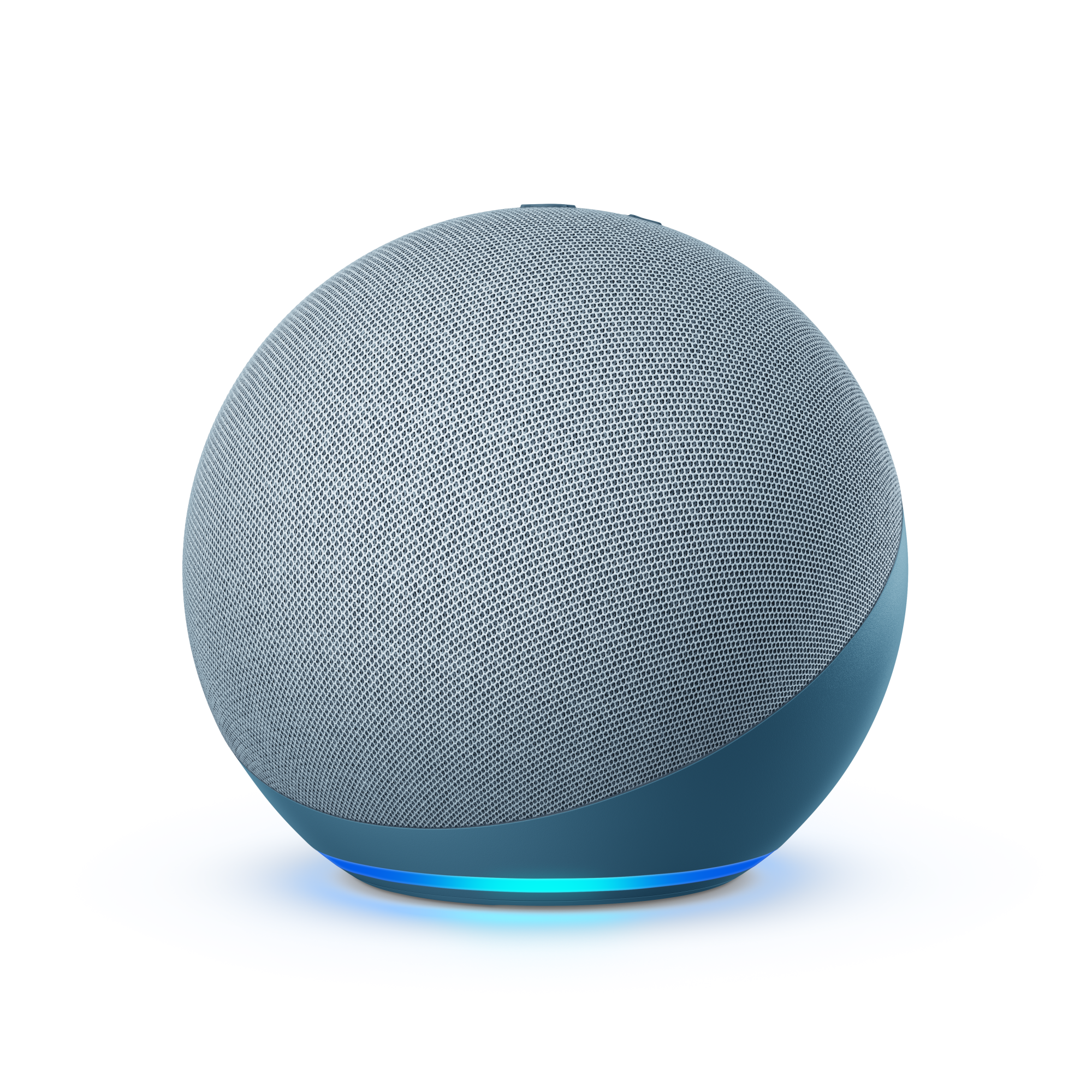 Gray spherical Echo speaker with light blue light emanating from the bottom.