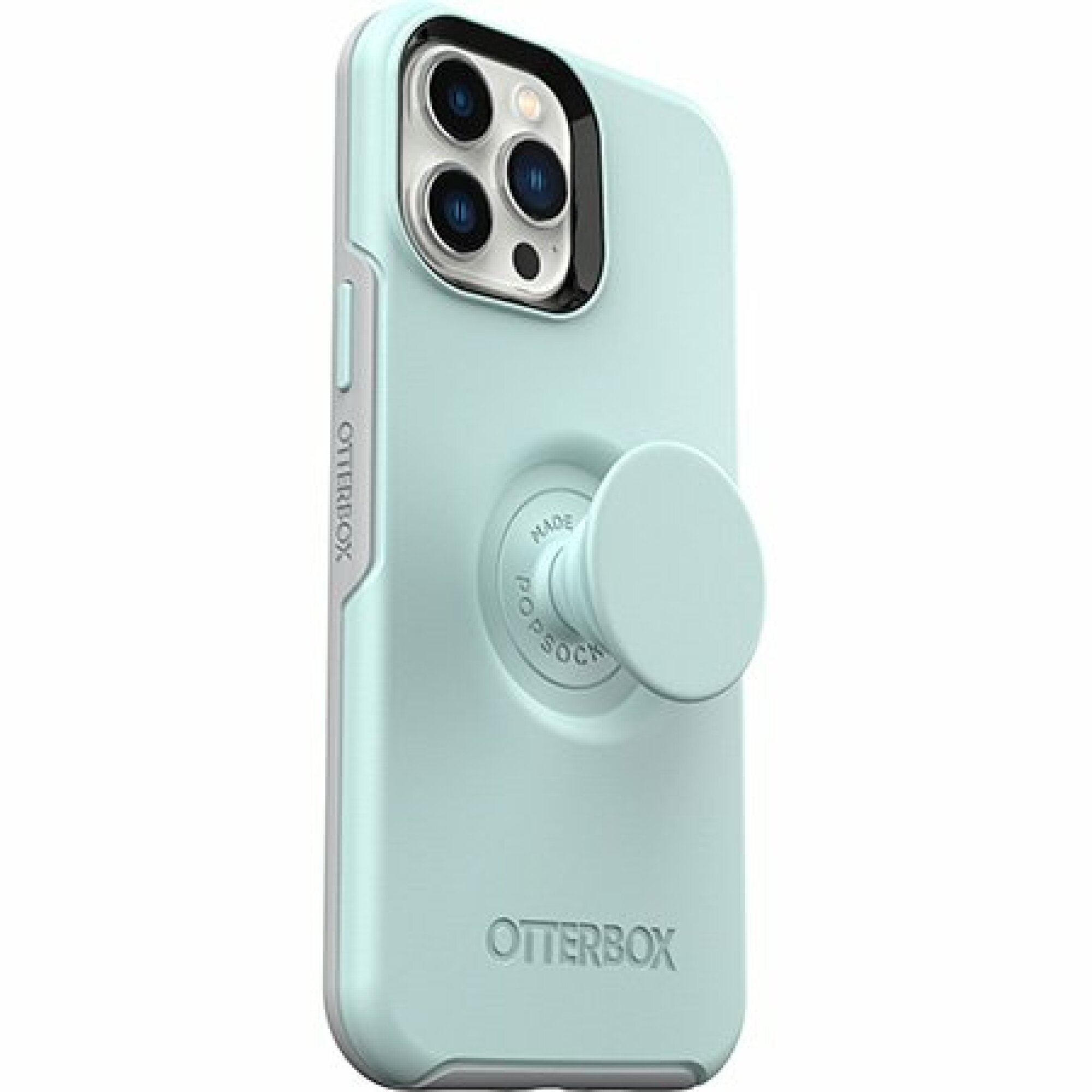 Mint colored iPhone case with attached PopSocket phone grip, shown on an iPhone