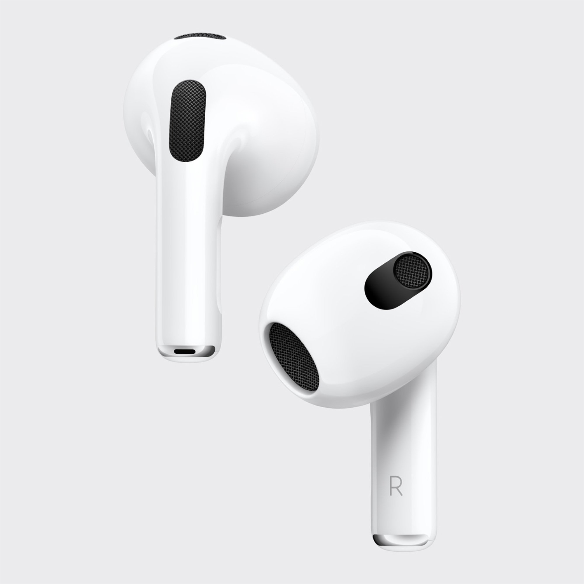 A pair of white Apple AirPods third generation, shaped similarly to AirPods Pro. 