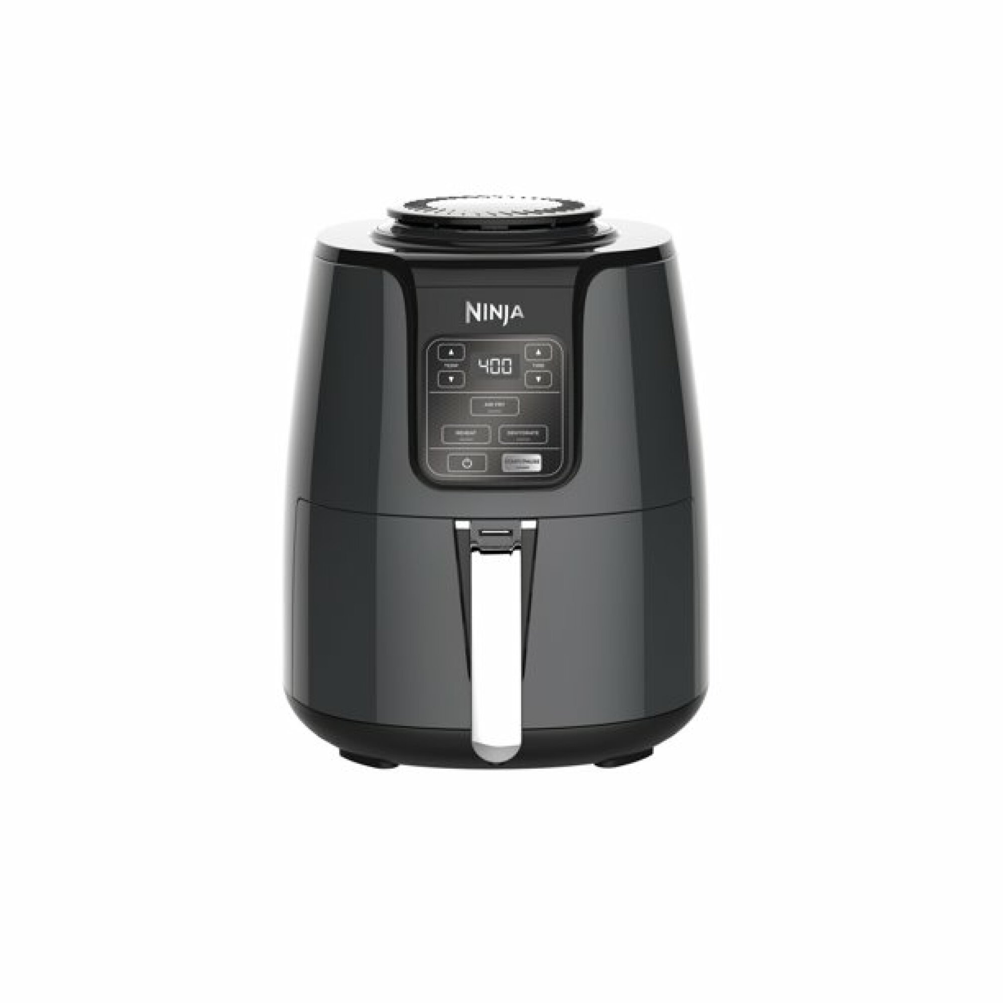 Black cylindrical air fryer with silver accents.