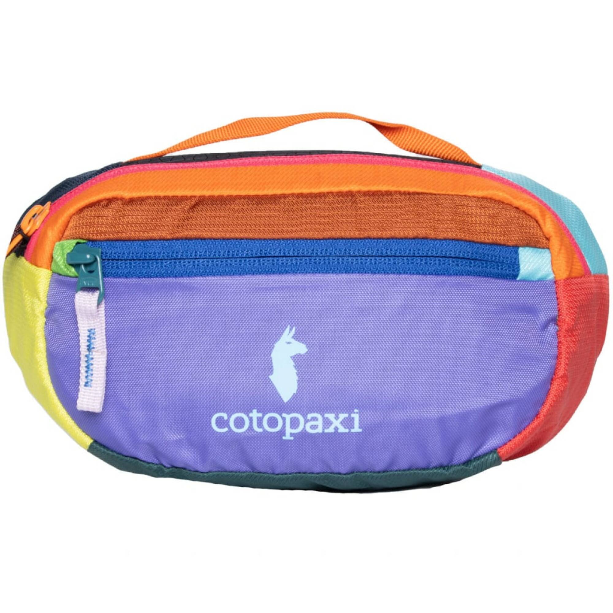 cotopaxi hip pack in colorblocked purple, orange, red, yellow, and teal