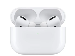 Apple AirPods in a white case.