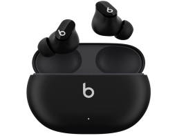 Black earbuds with a black case with a white b on the front.