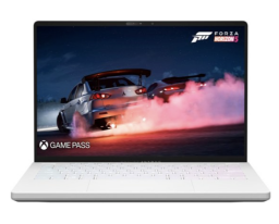 White laptop open with sports cars on the screen.