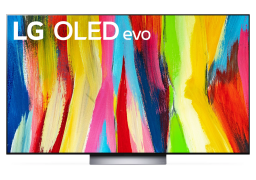 an lg c2 oled tv with a rainbow abstract background