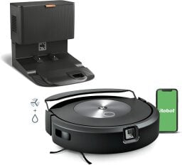 Roomba Combo j7+ with auto-empty dock and smartphone on green iRobot screen