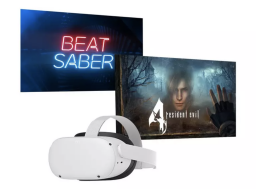 Meta Quest 2 VR headset with Beat Saber and Resident Evil 4 screens