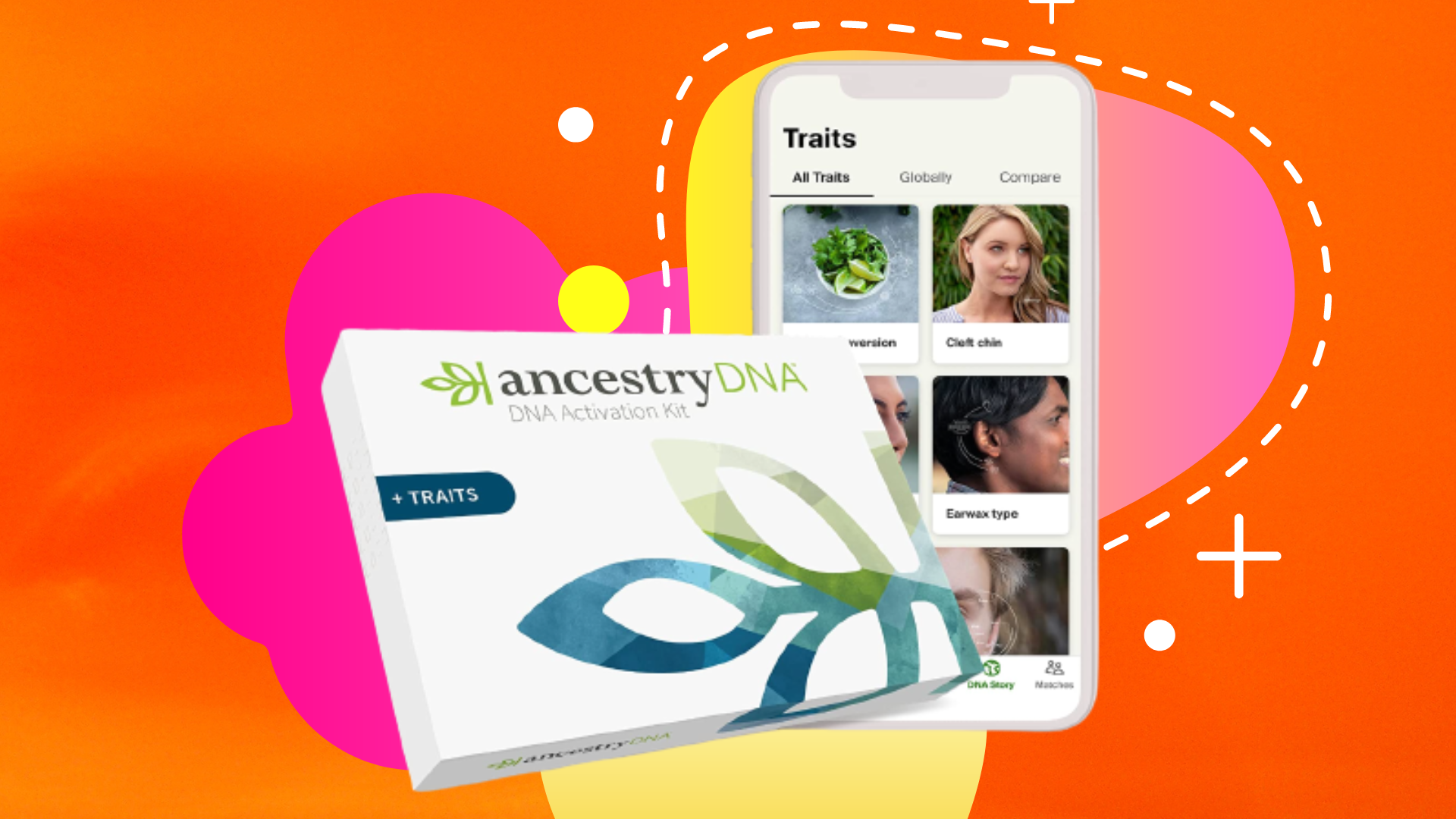 AncestryDNA kit in front of an orange background with squiggles