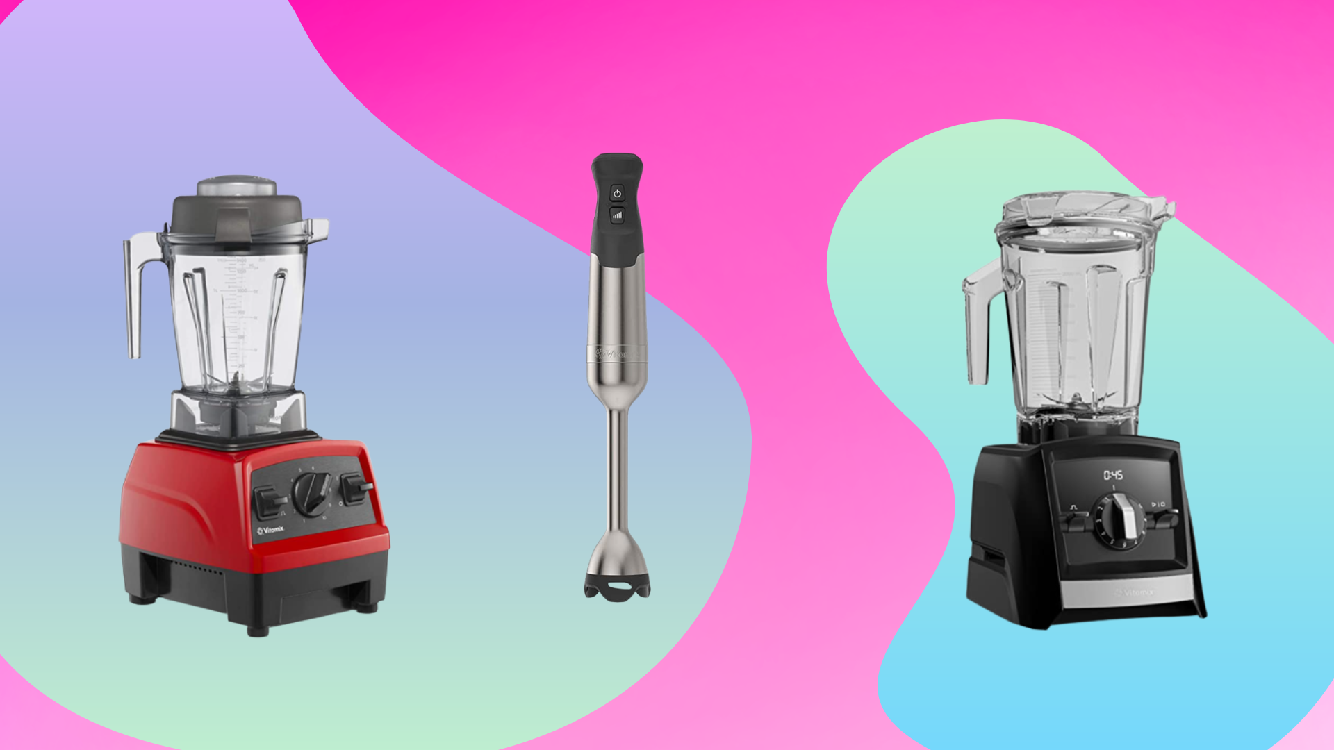 Three Vitamix blenders against a pink and blue background.