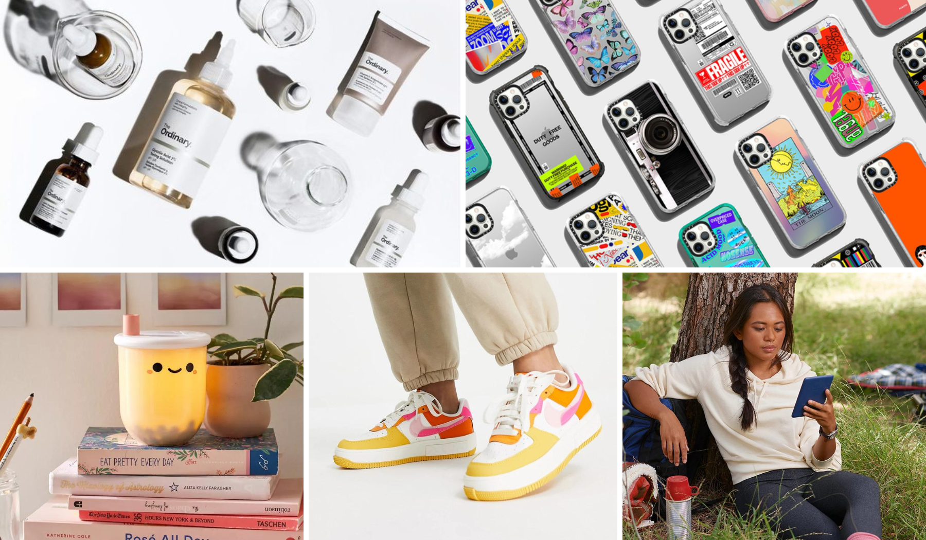 Skincare products / phone cases / boba tea lamp sitting on books / person's feet wearing Nike sneakers / person reading Kindle