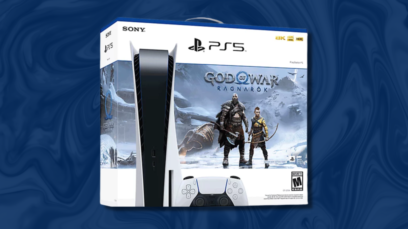 box art for the playstation 5 god of war ragnarok bundle against a dark blue swirled background