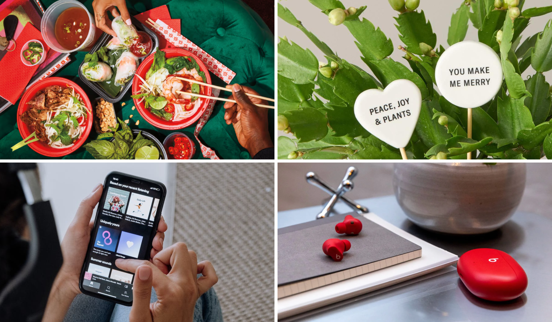 People eating takeout / plant with stick-in decor featuring greetings / person scrolling through Spotify on iPhone / Beats Studio Buds and case on desk with plant and notebook
