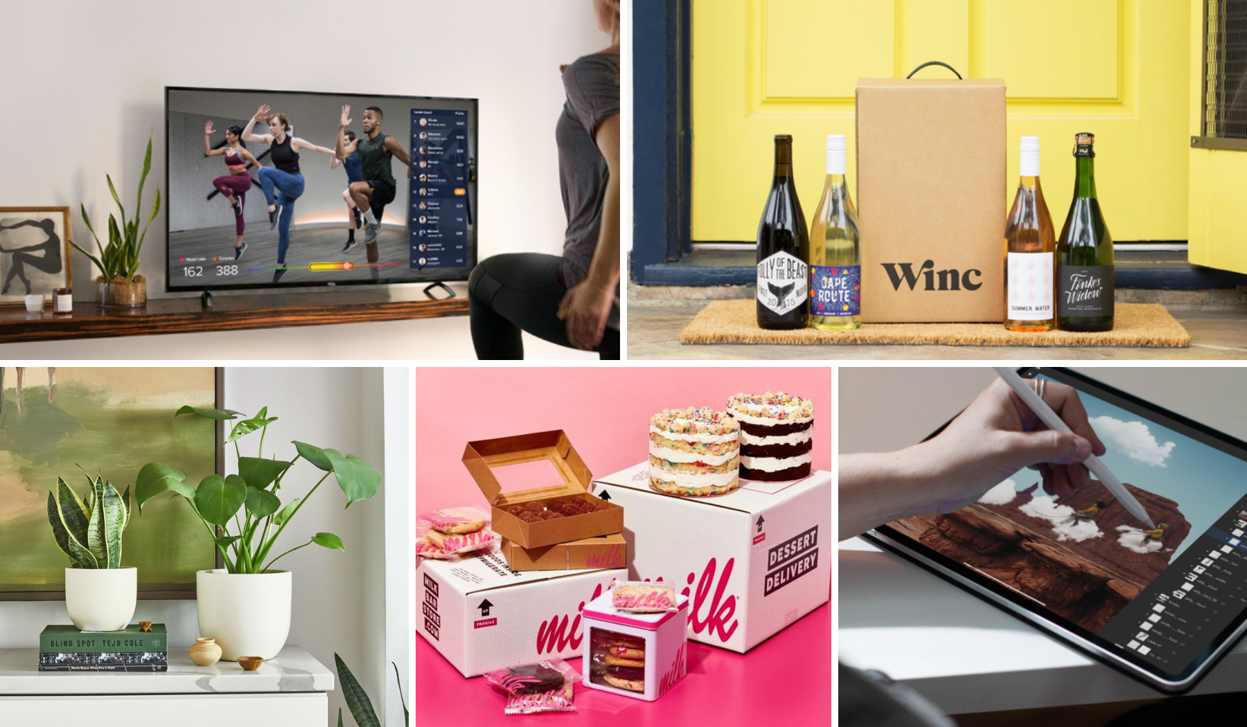 Person working out in front of TV / wine on porch / potted plants / desserts / person designing on tablet