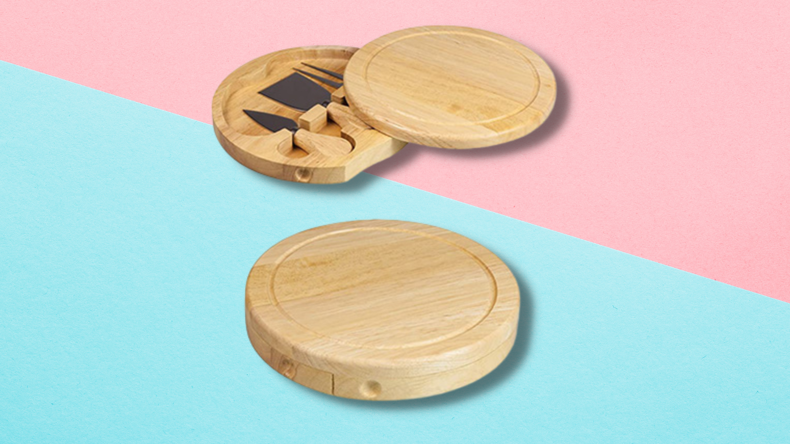 cheeseboard and knife set with pink and blue background