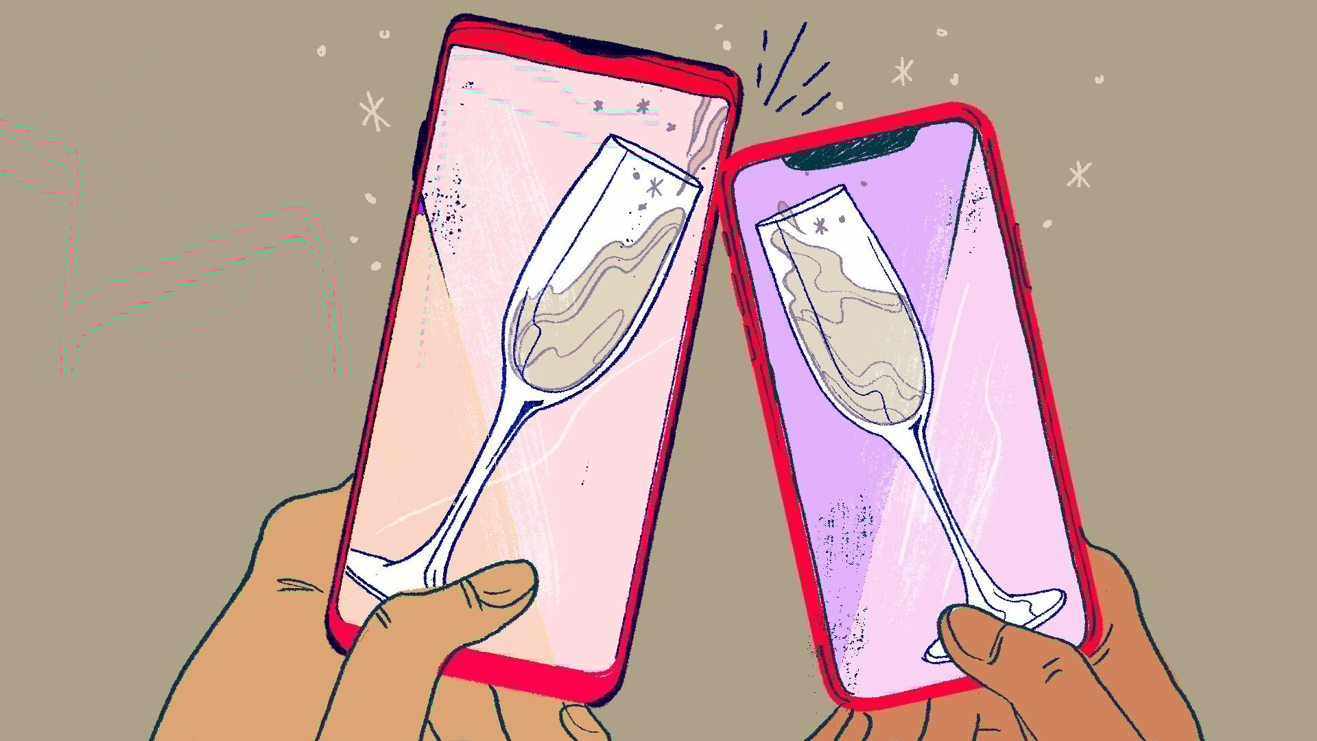 Two phones clinking that display champagne glasses.