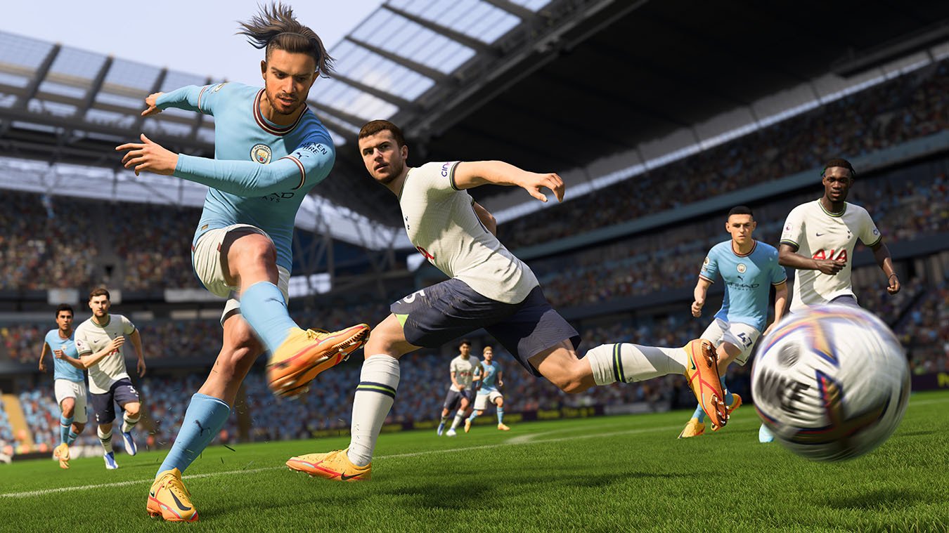 A graphic representation of a player competing for a soccer ball.
