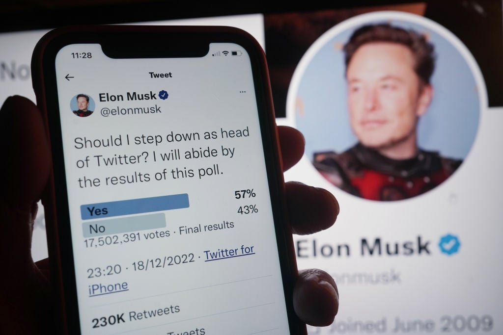Elon Musk's Twitter poll asking if he should resign on a smartphone, in front of Musk's Twitter profile on a large screen.