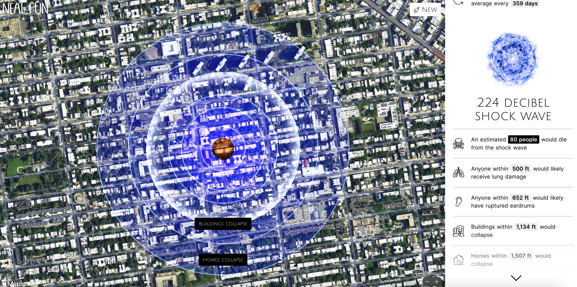 Graphic showing impact of a small asteroid on Brooklyn