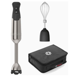 Immersion blender with whisk attachment and black box against white background